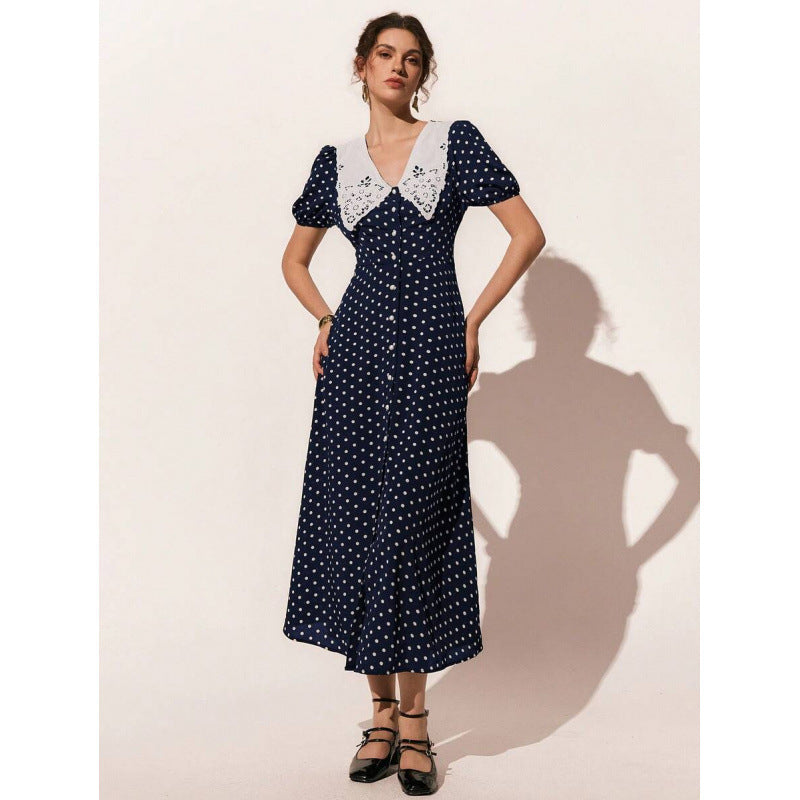 Amazon european style retro casual elegant polka dot pattern puff sleeve single-breasted elegant long dress