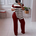 [hot-selling foreign trade model] fashion style large size contrasting stripesd short-sleeved fashion suit with burgundy wide-leg pants