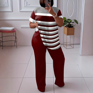 [hot-selling foreign trade model] fashion style large size contrasting stripesd short-sleeved fashion suit with burgundy wide-leg pants