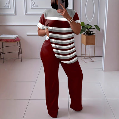 [hot-selling foreign trade model] fashion style large size contrasting stripesd short-sleeved fashion suit with burgundy wide-leg pants