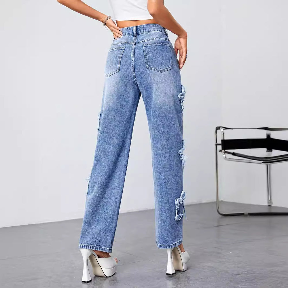 Export star jeans for women new arrival independent station ripped and worn straight-leg pants high waist washed jeans