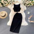 High and cold royal sister popularsuitpure color round neck vestshorttopshigh waist hip-covering mid-length skirt two-piece set for women