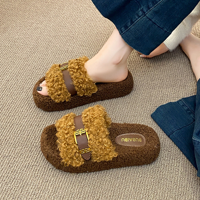 Thick sole heightened fur slippers women's outwear spring & fall new arrivalclassy leather buckle lamb wool home cotton slippers