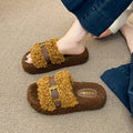 Thick sole heightened fur slippers women's outwear spring & fall new arrivalclassy leather buckle lamb wool home cotton slippers
