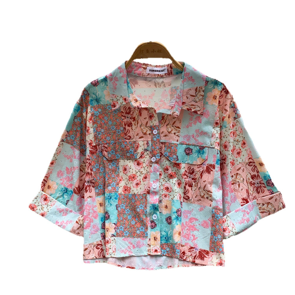 Korean style commute chic color block breathable printed shirt - women's short sleeve casual loose fit cardigan top - elegant summer