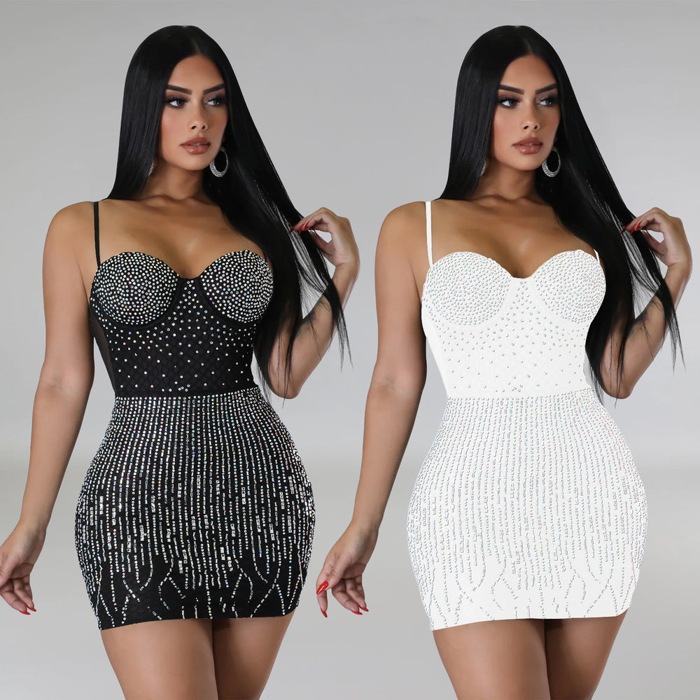 C6368 cross-border   fashion women's mesh rhinestone sleeveless camisole mini dress
