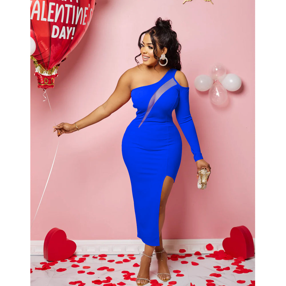 X6286   fashion women's solid color one-shoulder mesh single long sleeve maxi dress