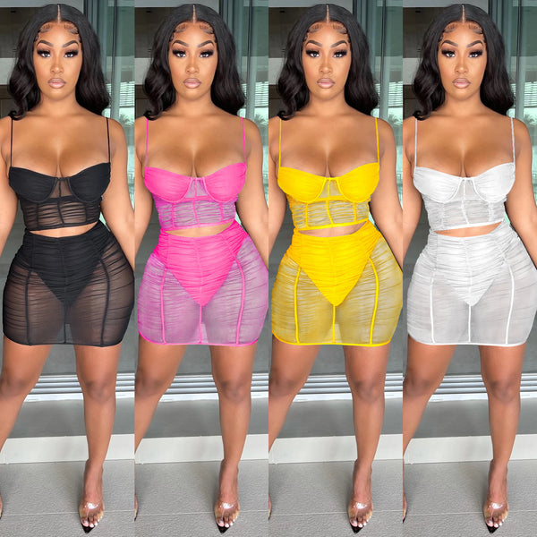 C5176 Spot Summer Fashion Sexy Suspender Solid Color Milk Silk Mesh Yarn Perspective Hip Wrap Short Skirt Two-piece Set Women