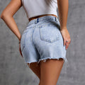 European and american high-waisted frayed hem denim shorts for women, light blue washed straight-leg hot pants, versatile casual denim shorts for summer