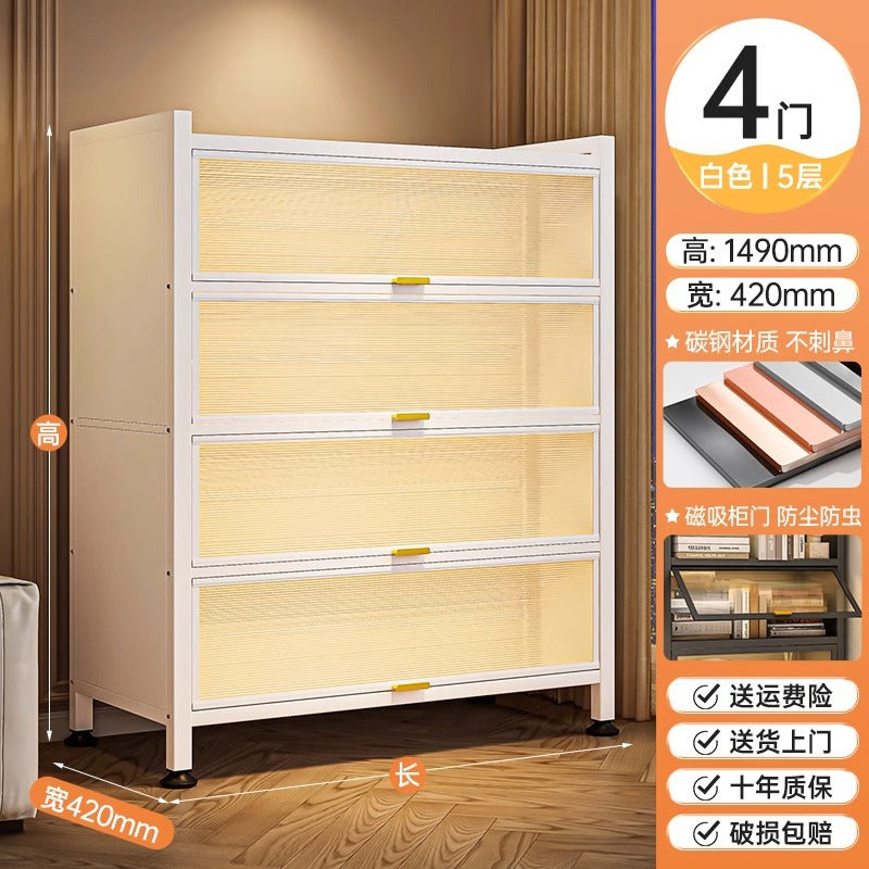 Dustproof iron art flip-door bookcase for home, living room, bedroom, multi-layer floor storage cabinet, student and children's bookshelf organizer