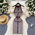 Sexy socialite accessible luxuryhalter sleeveless metal buckle silmknittingdress female french waist chidori grids skirt
