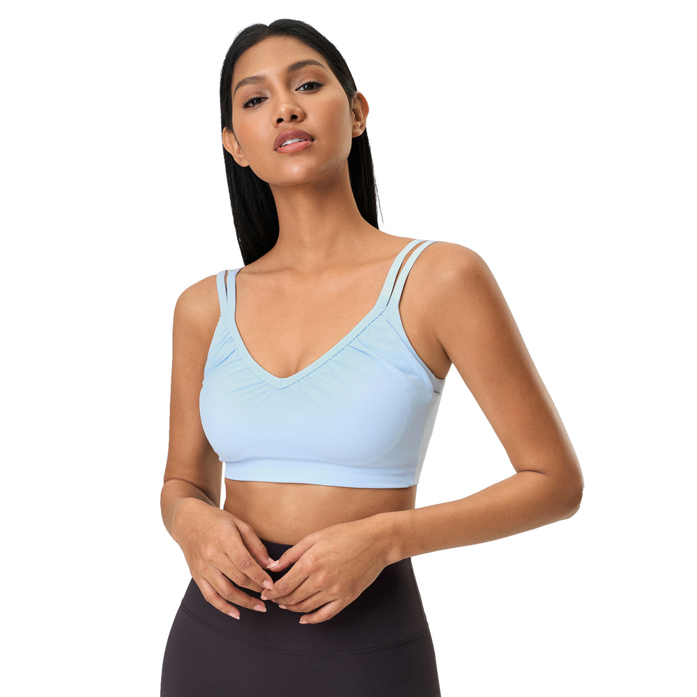 Naked feeling beautiful back breathable sports intimates women's bubble wrap anti-sagging deep v semi-fixed cup yoga bra d25053