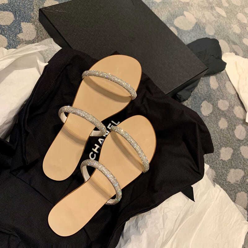 Popular easiest for matchelegant sandals 2023 summer new arrival fairy style one-piece rhinestone flats toe sandals for outwear