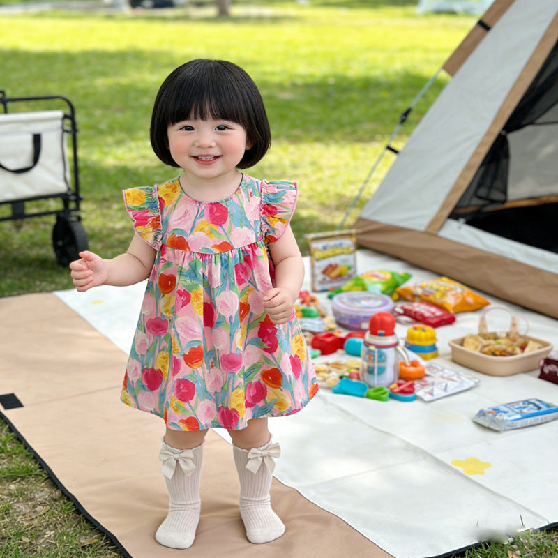 new summer tulip flutter sleeve girls' dress - stylish vest-style princess dress, lightweight summer wear