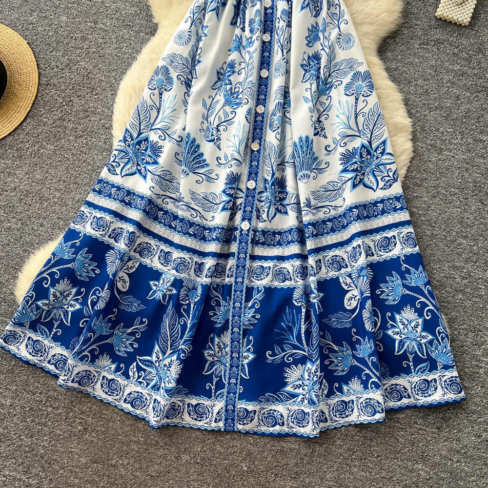 Luxury blue and white porcelain style v-neck sleeveless printed dress - women's new summer collection, slimming a-line maxi dress, elegant