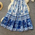 Luxury blue and white porcelain style v-neck sleeveless printed dress - women's new summer collection, slimming a-line maxi dress, elegant