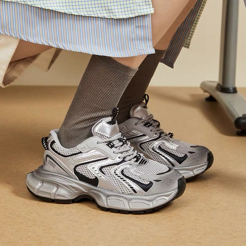 Women's shoes 2026 autumn new silver chunky platform height increasing dad shoes women's retro fashion casual sneakers trendy