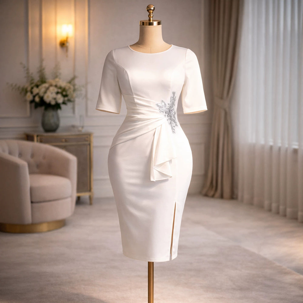 New arrivalfashionwhite appliqué dress ruffles pleated waist slit elegance party hip skirt dress