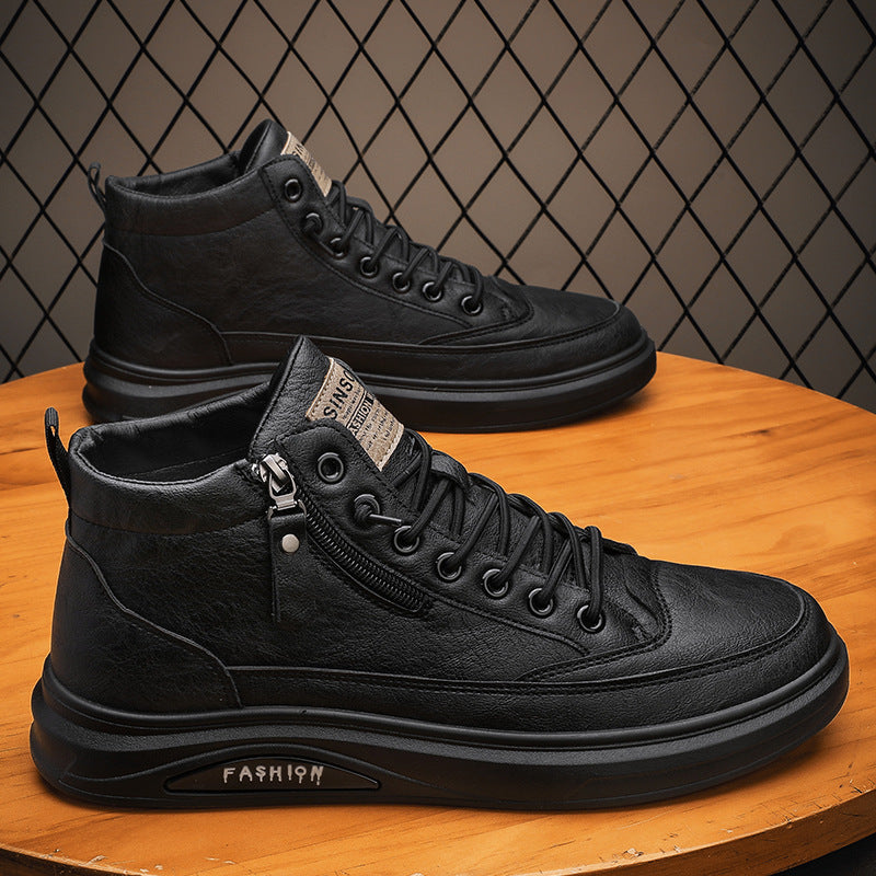 High-top men's shoes spring british style casual leather shoes men's black mid-top sneakers spring waterproofboots trendy
