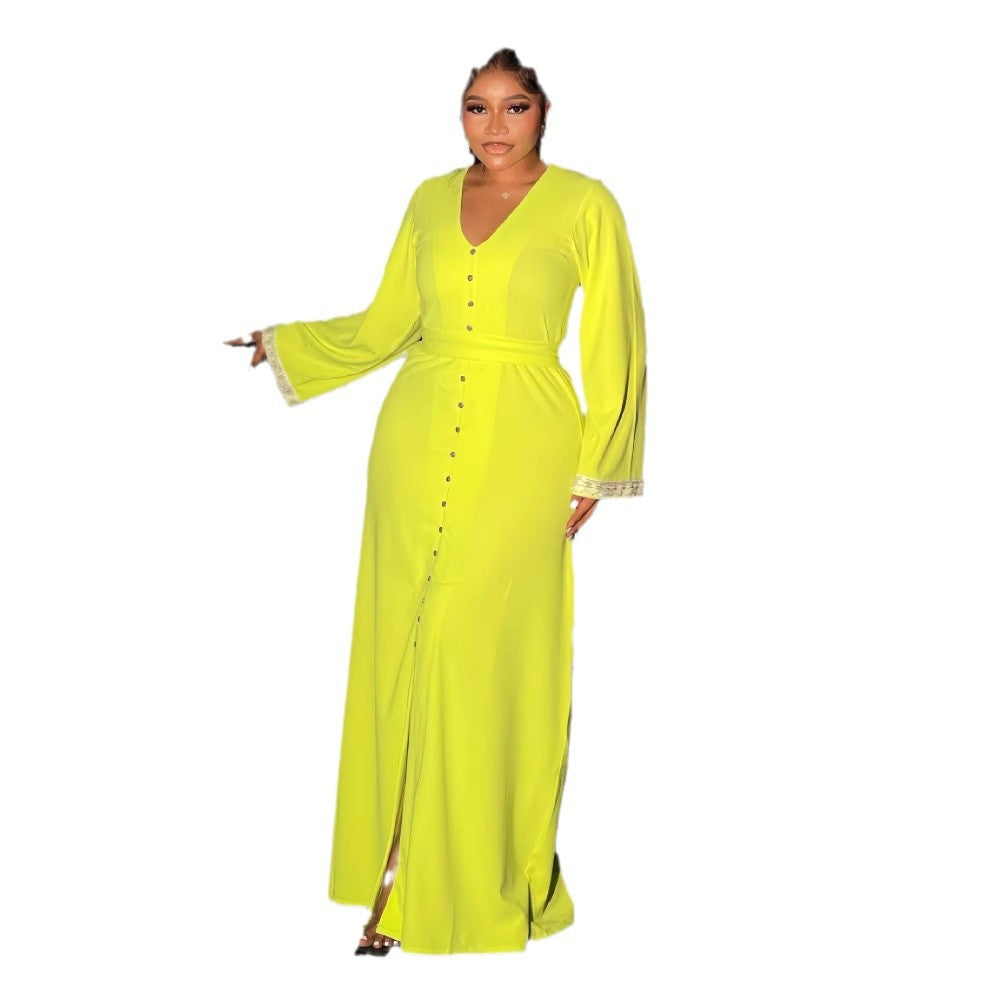 European and american cross-border women's fashion  winter new arrival: solid color long sleeve v-neck button-down waist-cinching front slit elegant dress