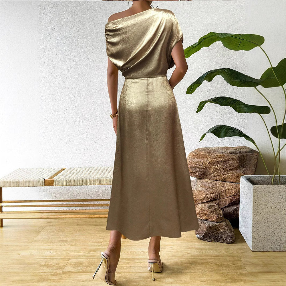 spring/summer european and american women's clothing cross-border  new style  solid color satin dress