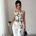 european and american cross-border women's printed halter crop top v-neck tie-back bodycon blouse