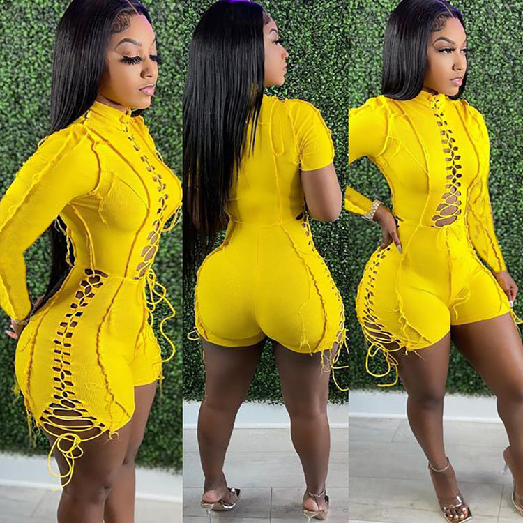 European and american cross-border women's fashion:  independent site, foreign trade, stylish, sexy, color block, solid color drawstring long sleeve jumpsuit