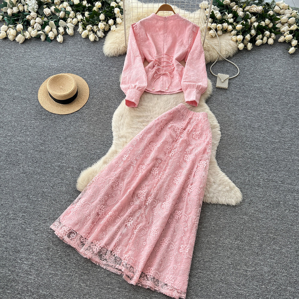 French chic autumn outfit: embroidered sequin mesh top with high-waisted midi skirt set