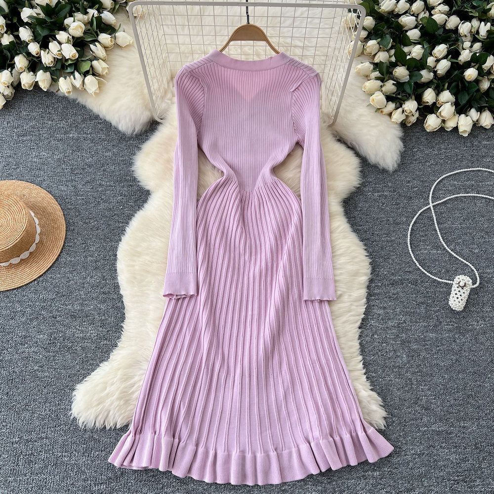 Fall and winter inner wear knittingdress female socialite elegantclassy sense v neck single breasted waist slimming looksweater long skirt