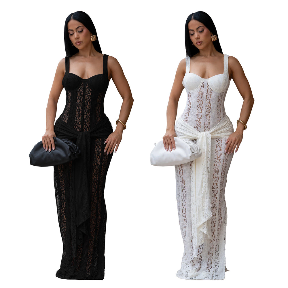 C7705 cross-border   fashion women's sexy see-through lace strappy bodycon dress