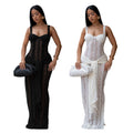 C7705 cross-border   fashion women's sexy see-through lace strappy bodycon dress