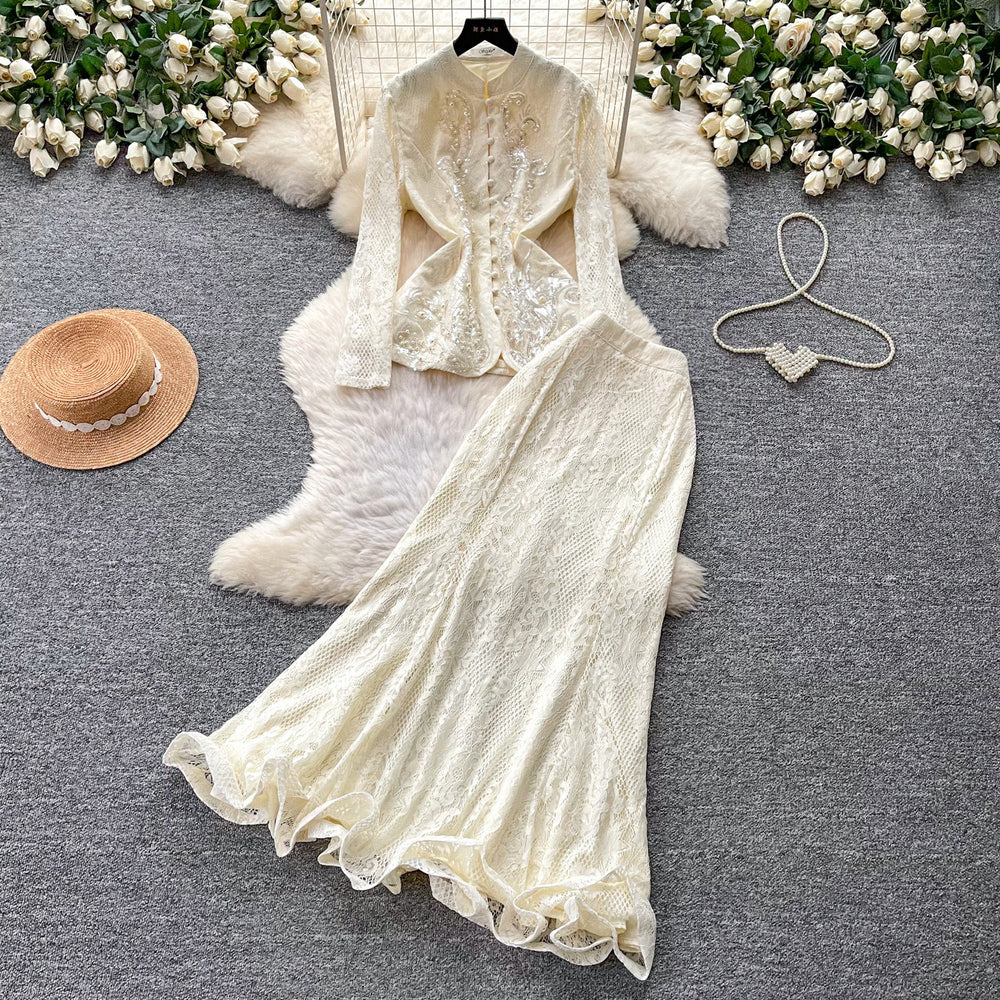 French chic beaded v-neck lace two-piece set - women's spring/autumn tie-waist cutout high-end slim fit outfit