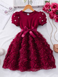 Girls' dress for toddlers and young children, pearl-embellished short-sleeve rose dress