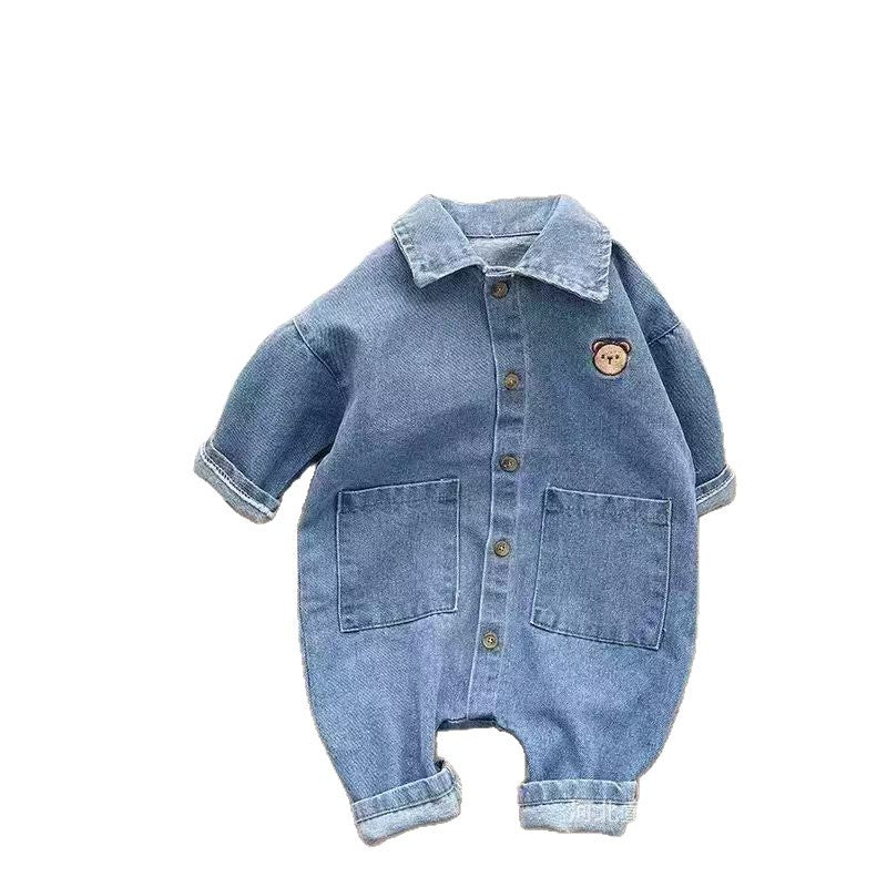 Newborn baby denim romper - korean style, unisex, spring/autumn outfit for crawling and outdoor wear