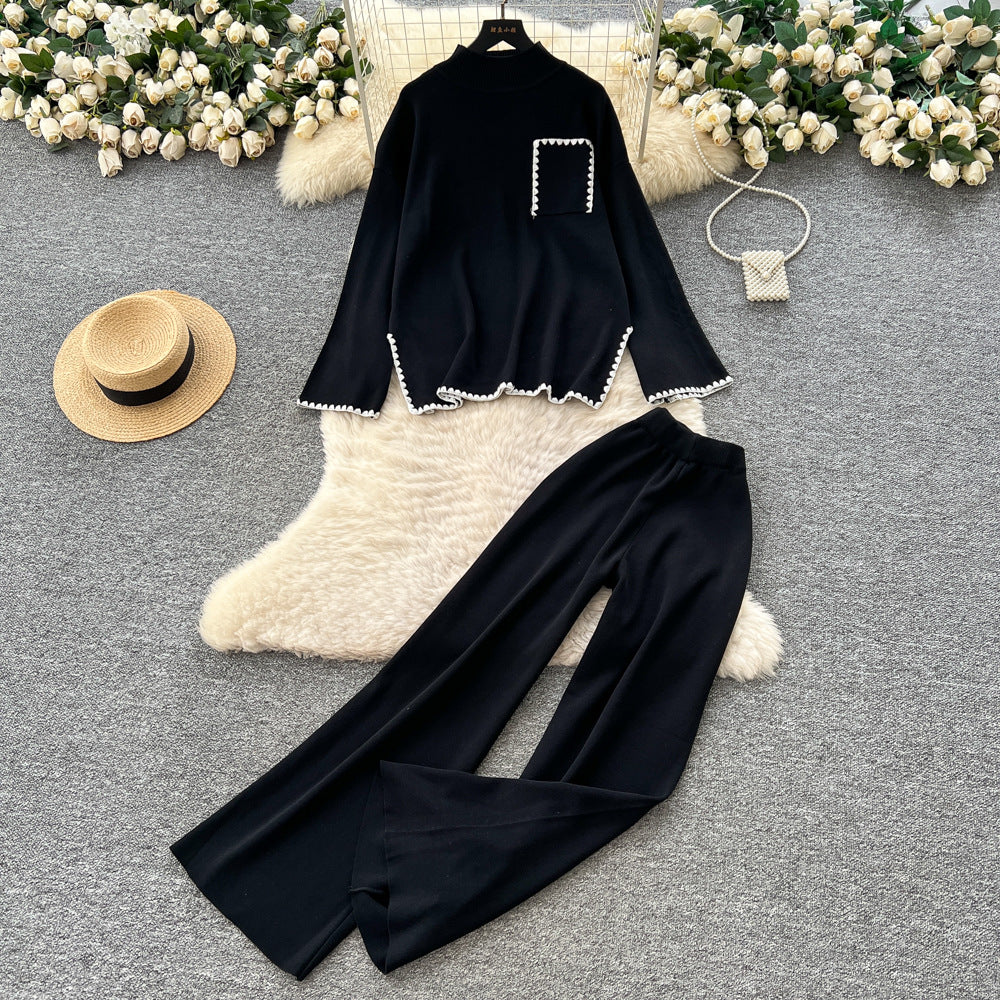 Women's sweater set - autumn/winter loose fit fashion color block crew neck long sleeve knit top & high waist wide leg pants two-piece outfit