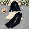 Women's sweater set - autumn/winter loose fit fashion color block crew neck long sleeve knit top & high waist wide leg pants two-piece outfit