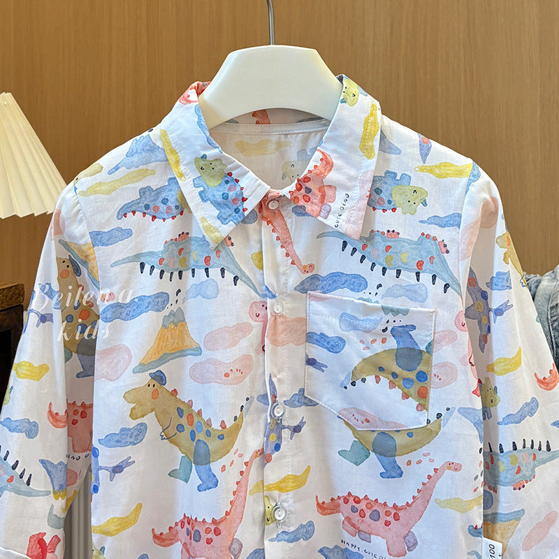 Kids' spring/autumn casual long-sleeve cotton shirt - boys' polo shirt with cartoon all-over print for toddlers and young children