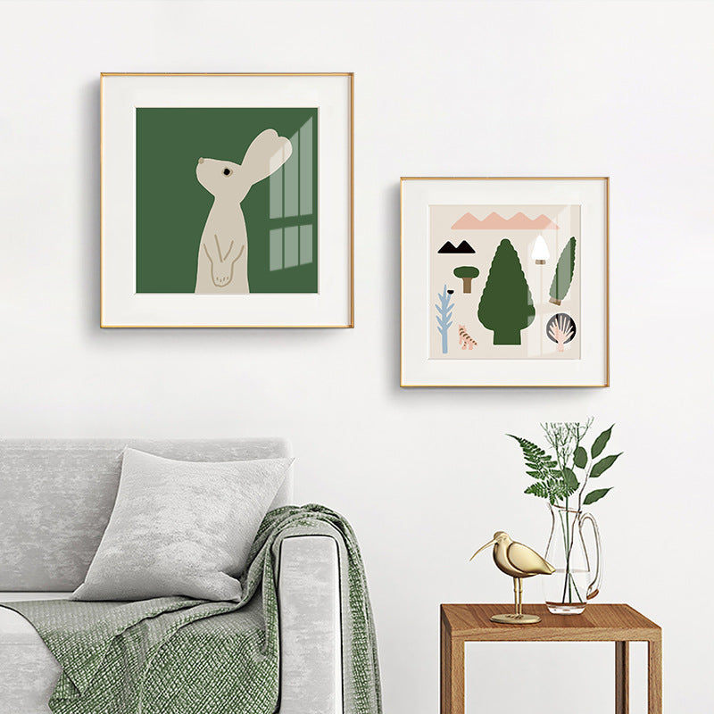 Nordic children's room bedroom bedside living room decorative painting cartoon animal green rabbit hanging painting cardboard photo frame painting