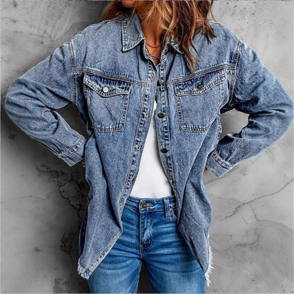 TC90382 #European and American   Women's Sleeve Long Sleeve Jacket Blue Denim Jacket