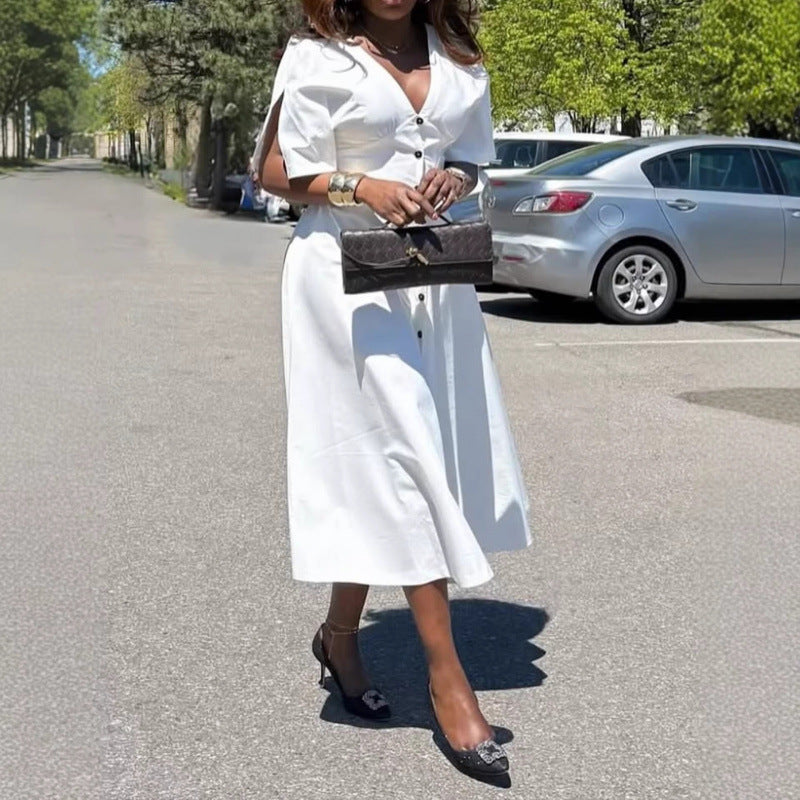 Amazon european goods  summer new arrival: minimalist chic solid color v-neck button-down midi dress