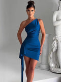 one shoulder shirred slit sexysatindressfashionsummerelegant silm