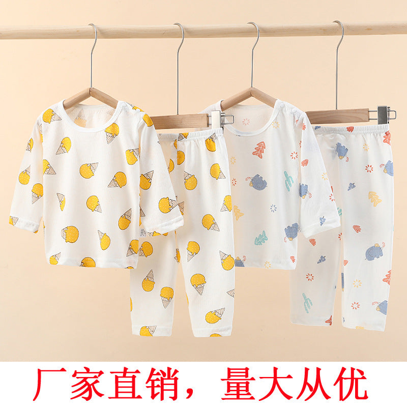 Baby underwear set summer thin pure cotton unisex baby mesh air conditioning suit pajamas infant round neck set