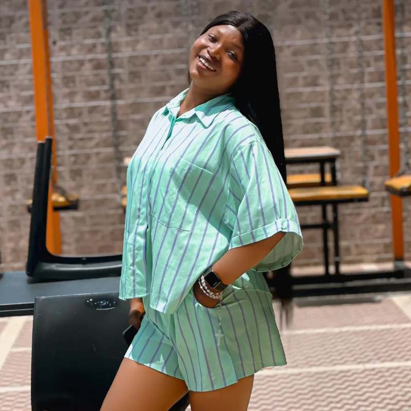 European and American casual women's clothing suit striped lapel cardigan shirt shorts African simple and generous short-sleeved two-piece set women