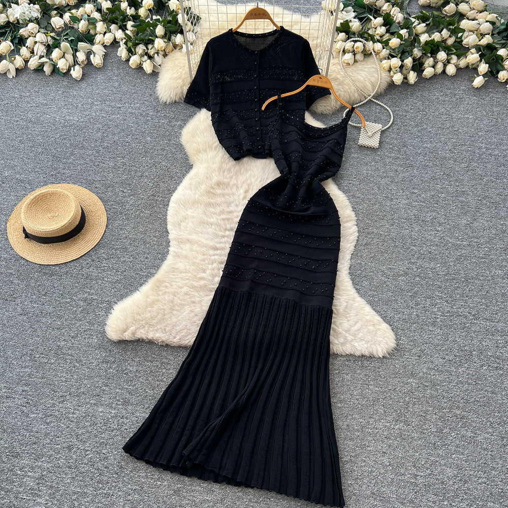 Gentle wind pink knitting light mature style two-piece set female summer silm waist fishtail skirt suit women's clothing outfit