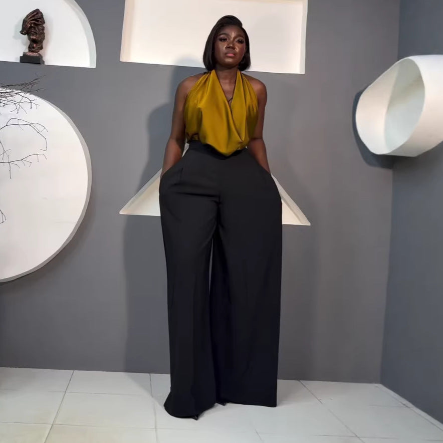 European and american cross-border women's fashion:  summer new arrival - elegant solid color halter neck sleeveless top & casual wide-leg pants set
