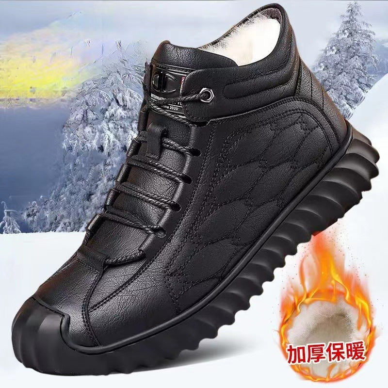 Men's winter warm cotton shoes - fleece lined, non-slip, casual high-top cotton shoes for men, elderly cotton shoes, men's leather cotton shoes for seniors