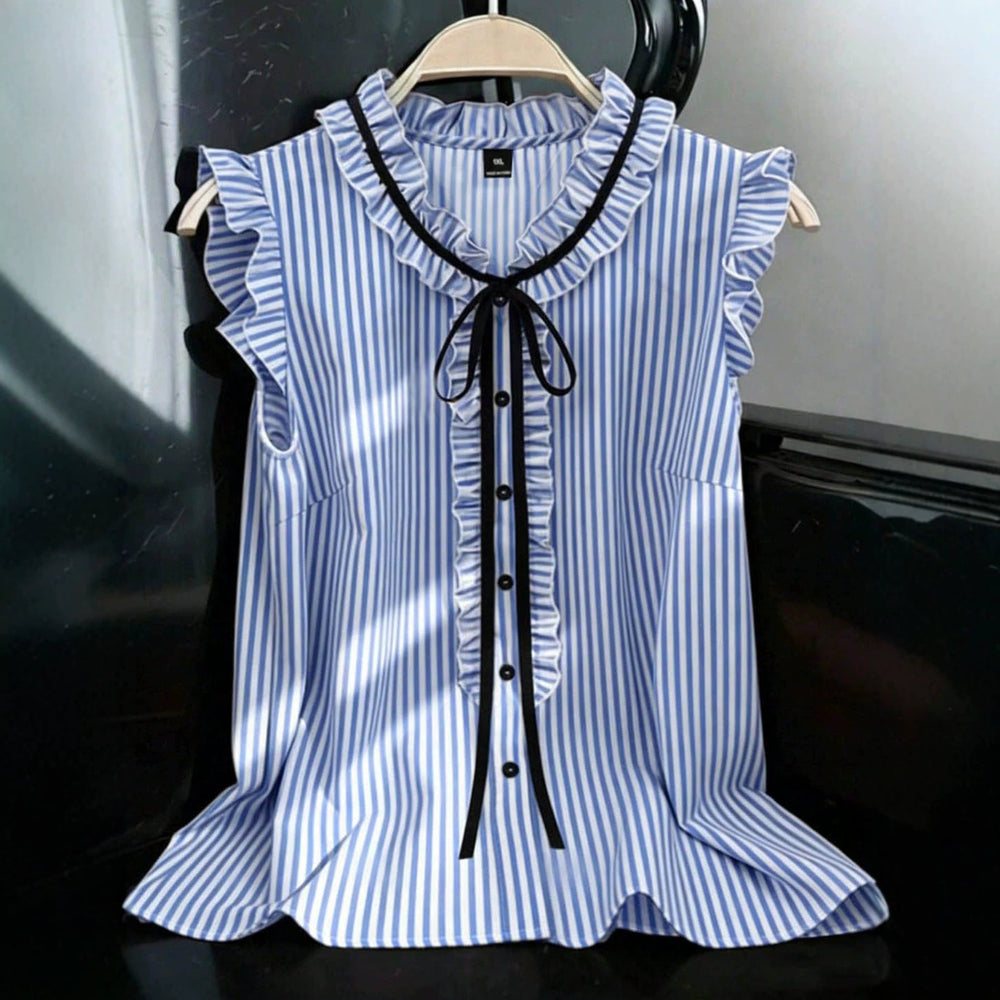 Export gentle wind stripesplus size shirt lotus leaf flying sleeves v neck black ribbon bowsslimming look sleeveless tops