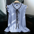 Export gentle wind stripesplus size shirt lotus leaf flying sleeves v neck black ribbon bowsslimming look sleeveless tops