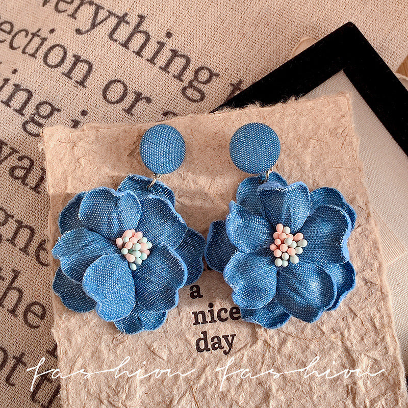2026 spring/summer new collection: blue fabric flower earrings - french vintage, vacation-ready, statement-making, denim-inspired, and flattering