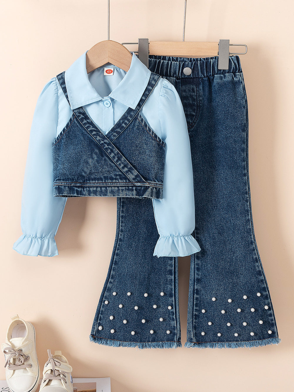new autumn cross-border girls' collared shirt, denim vest, beaded denim flare pants three-piece set